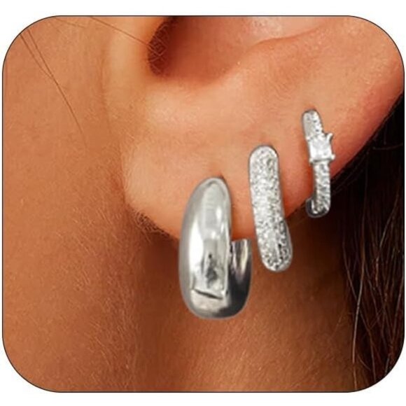 🆕 Women Silver Small Hoop Earrings Trendy Chunky Multiple Piercing Jewelry Gift - Picture 1 of 7
